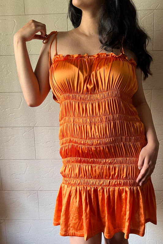 Satin Ruched Dress in Tangerine