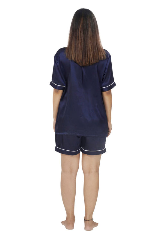 Satin Shirt With Short set in Navy