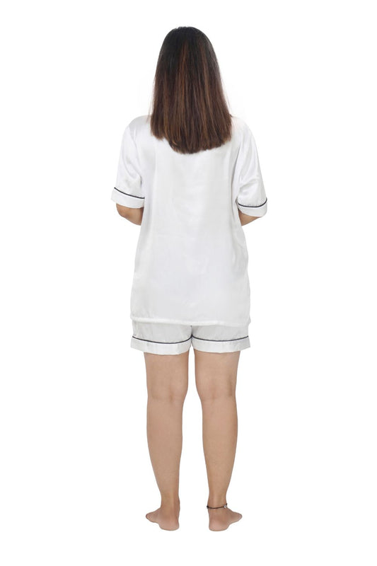 Satin Shirt with Shorts Set in White