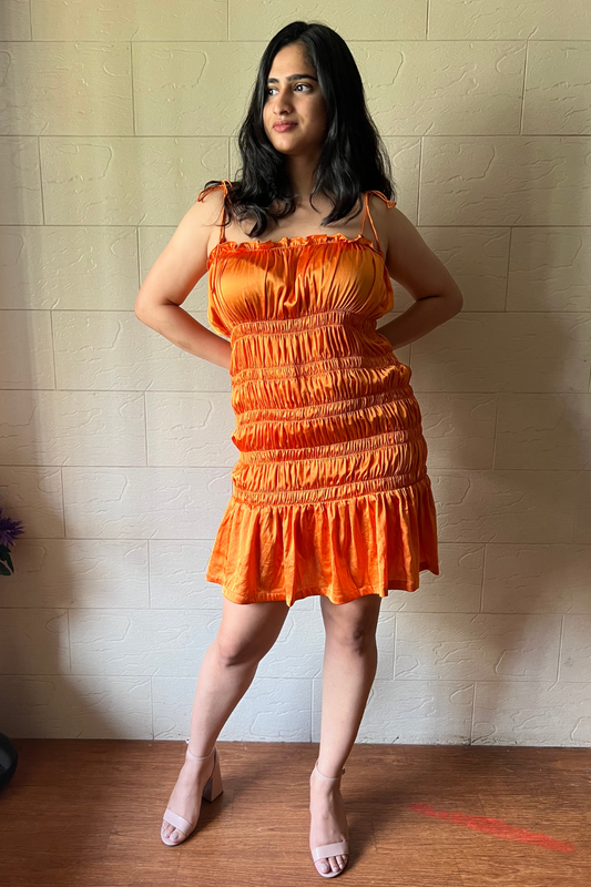 Satin Ruched Dress in Tangerine