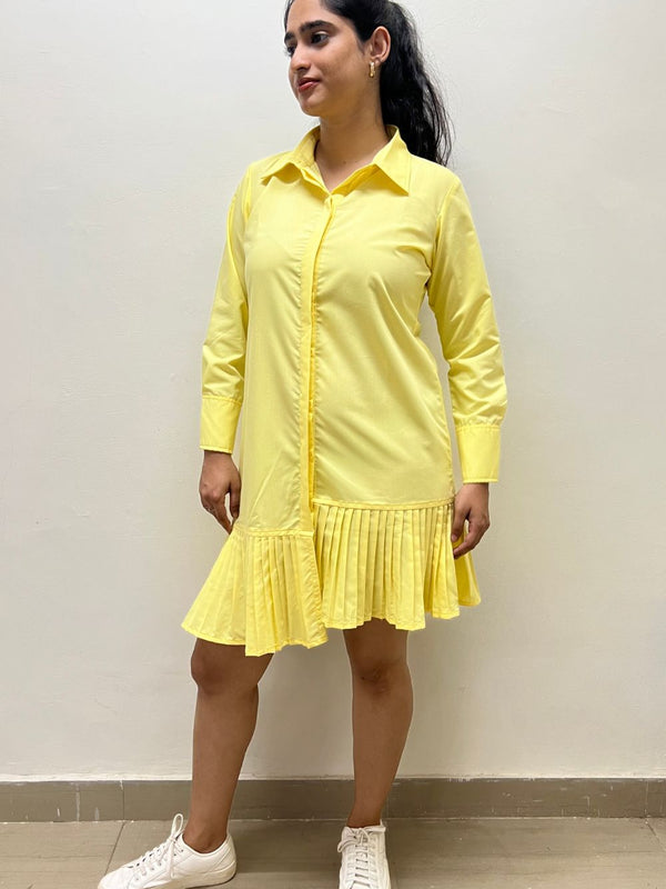Yellow Daisy Pleated Shirt Dress