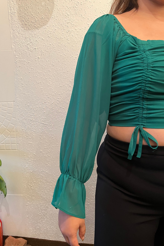 Gathered Tie Up Top in Green